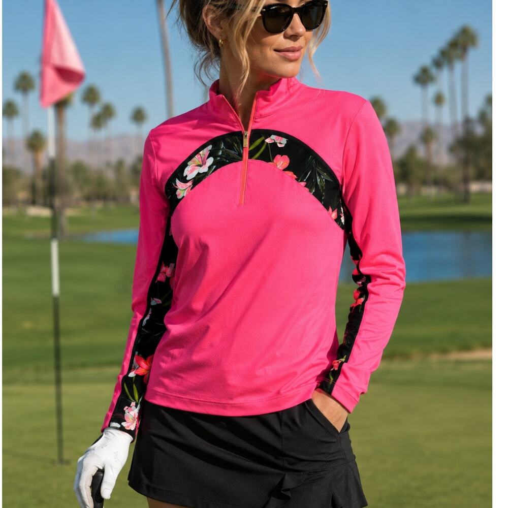 Tail Golf Pullover M Hot Pink Floral 1/4 Zip Long Sleeve Performance Pickleball